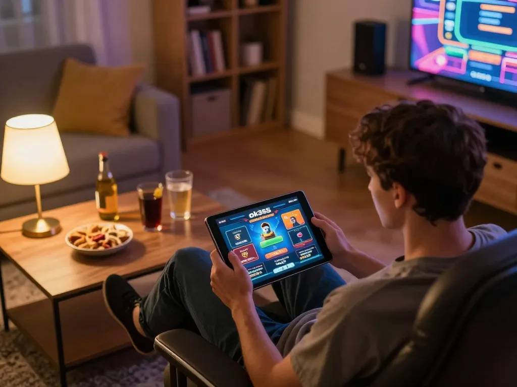Player enjoying games on ok365 tablet with casual home atmosphere and engaging gaming interface