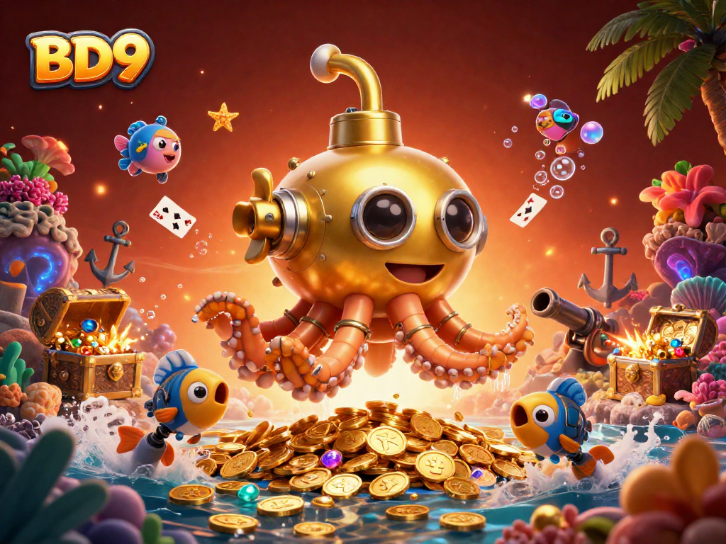 Experience thrilling gameplay with BD9 in a vibrant underwater scene featuring a golden kraken submarine.