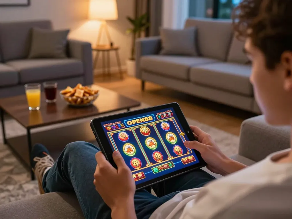 Play thrilling open88 slot games on a cozy tablet setup, ensuring a fun gaming atmosphere.