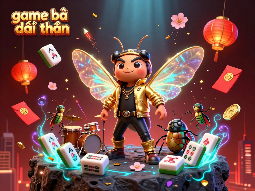 Engage with game bài đổi thưởng through a vibrant 3D illustration showcasing a rock star cicada and dynamic game elements.
