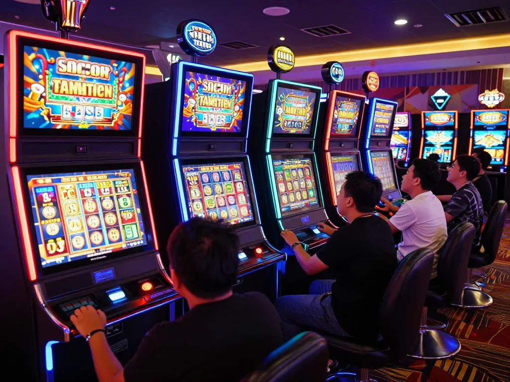 Players enjoying the slot gacor experience with excitement and vibrant machine displays