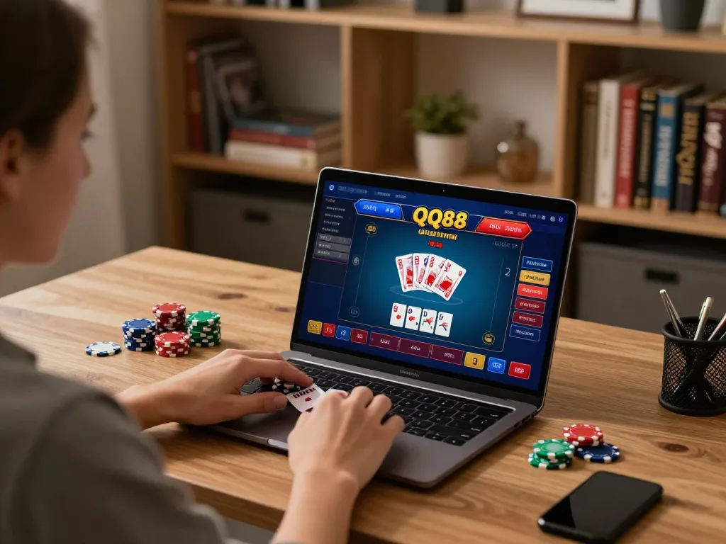 Player enjoying online poker at QQ88 casino on laptop in stylish home office.