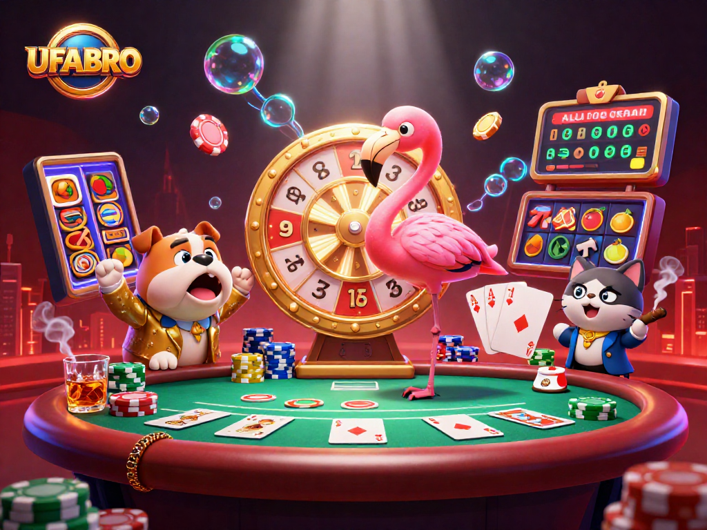 Win big with UFABRO at the vibrant casino scene featuring colorful gaming elements.