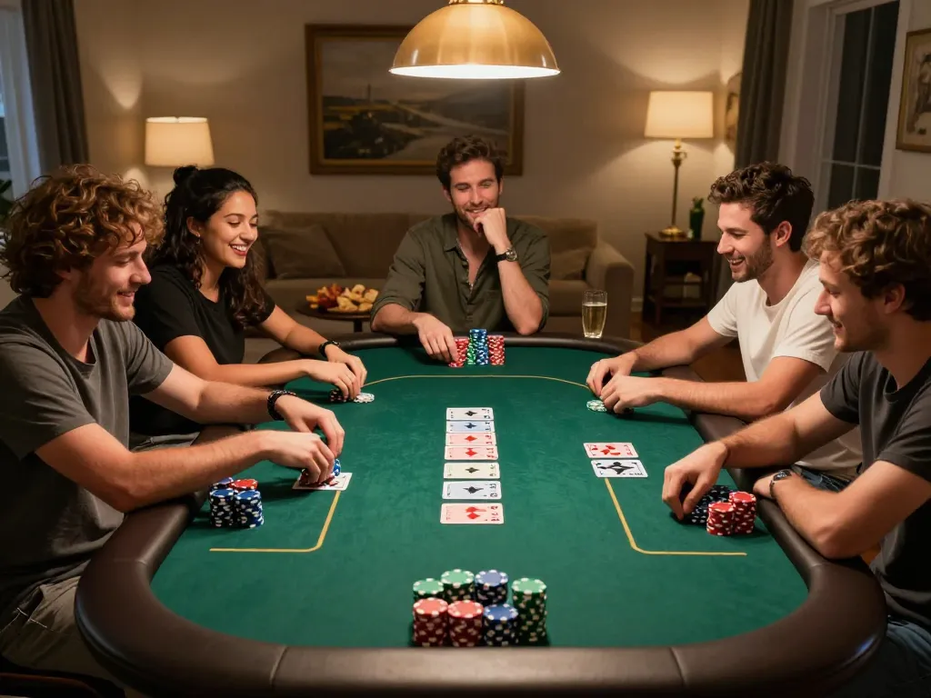 Friends engaging in a thrilling poker game at home, showcasing the fun and social aspect of MIG8 gaming.