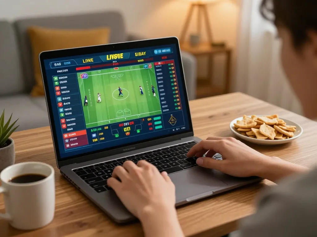 SIN88 sports betting scene with live odds displayed on laptop, person placing a bet excitedly.