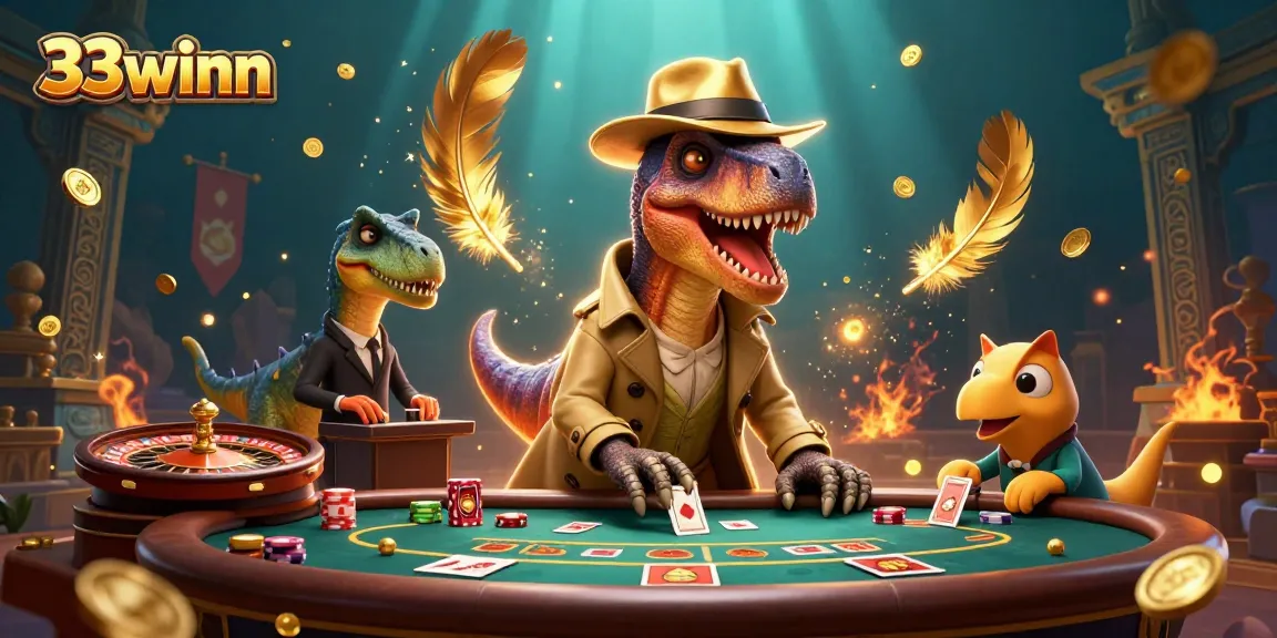 Engaging scene of 33winn cartoon velociraptor at a blackjack table amidst swirling casino elements.