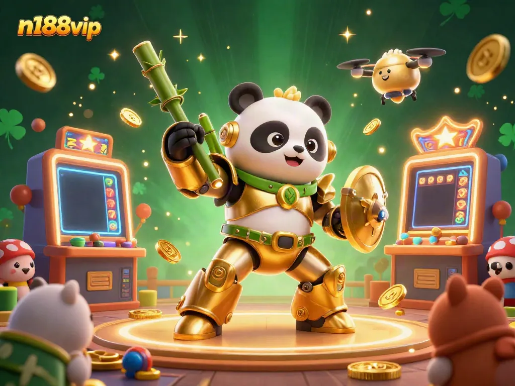 Engage with the vibrant n188vip casino scene featuring a golden panda mech piloting an arena robot.