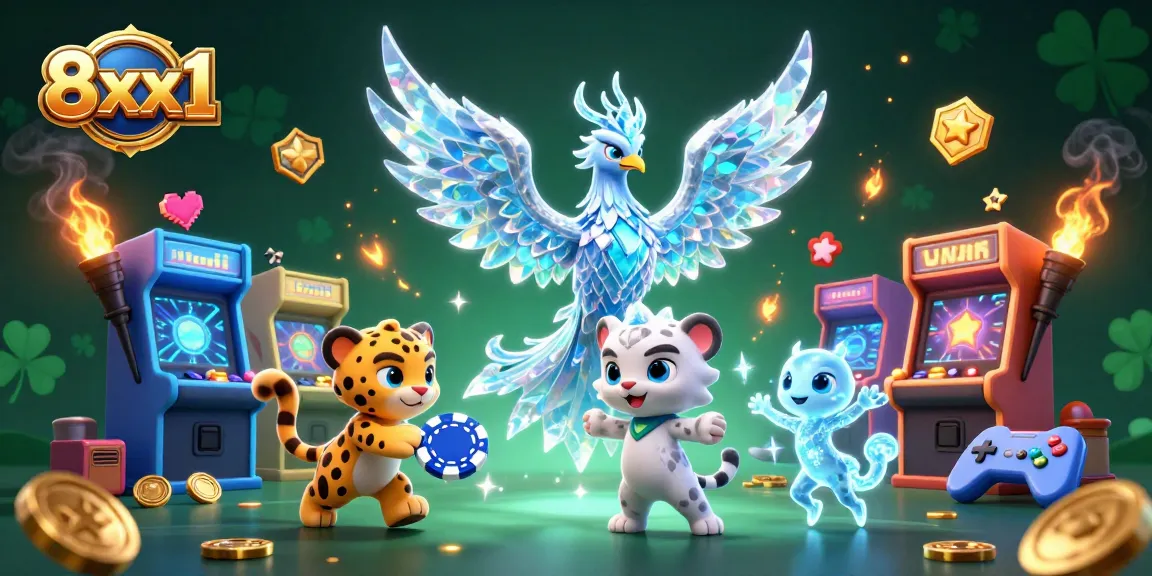Engage in thrilling gaming action with the dazzling 8xx1 casino scene featuring an ice phoenix and neon arcade elements.