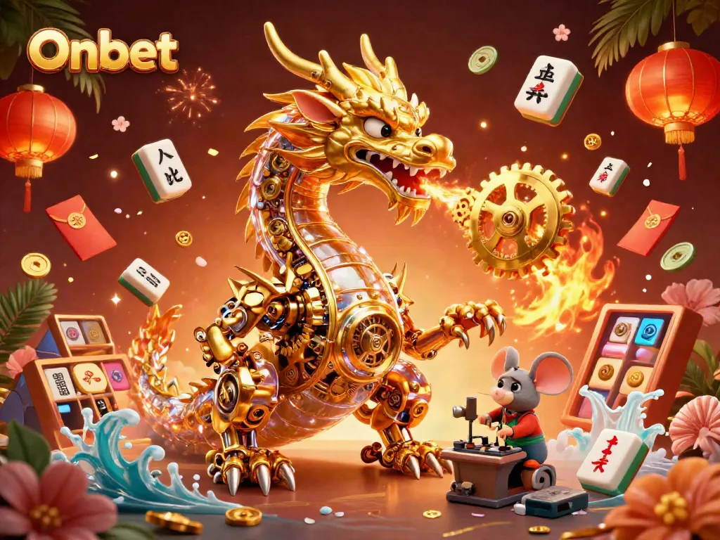 Engage in thrilling casino action with Onbet, featuring a golden dragon and dynamic game elements.