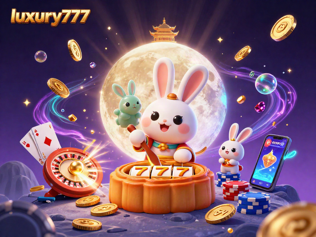 Permainan slot luxury777 dengan kelinci bulan dan koin berkilau menyebar di seluruh pemandangan kasino