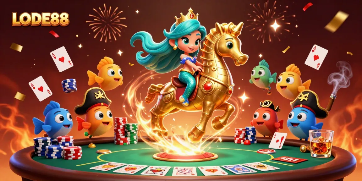 Experience the magic of LODE88 with a vibrant 3D casino scene full of lively characters.