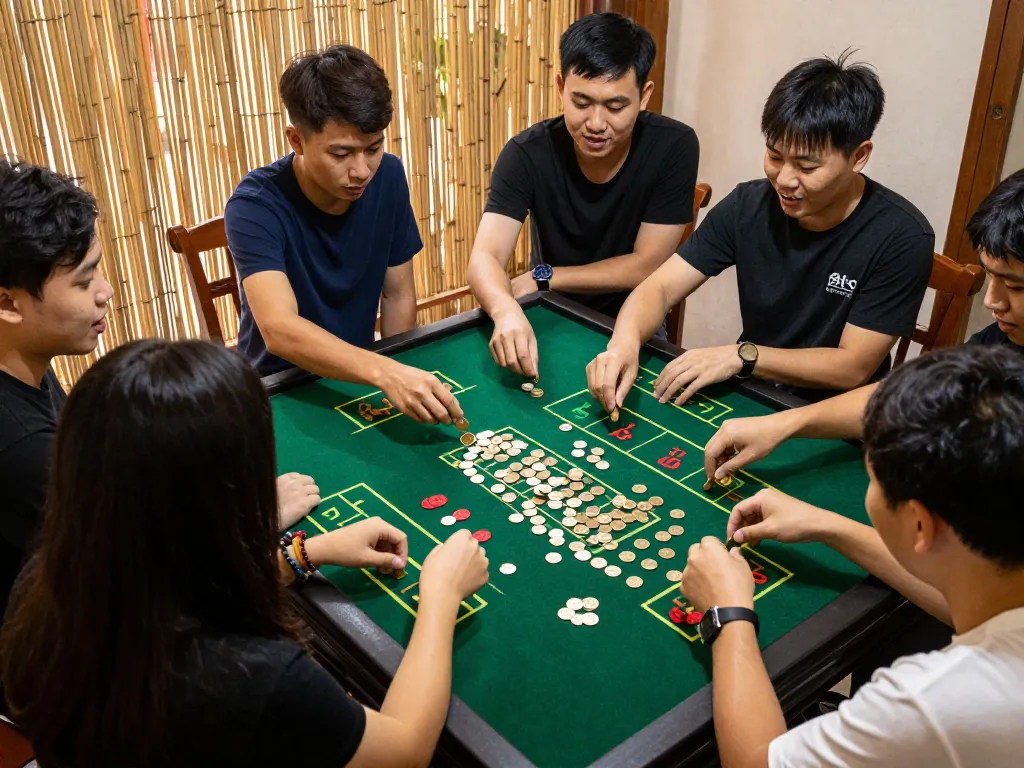 Xóc đĩa game in action with players engaged and coins being shaken, showcasing lively gambling atmosphere.