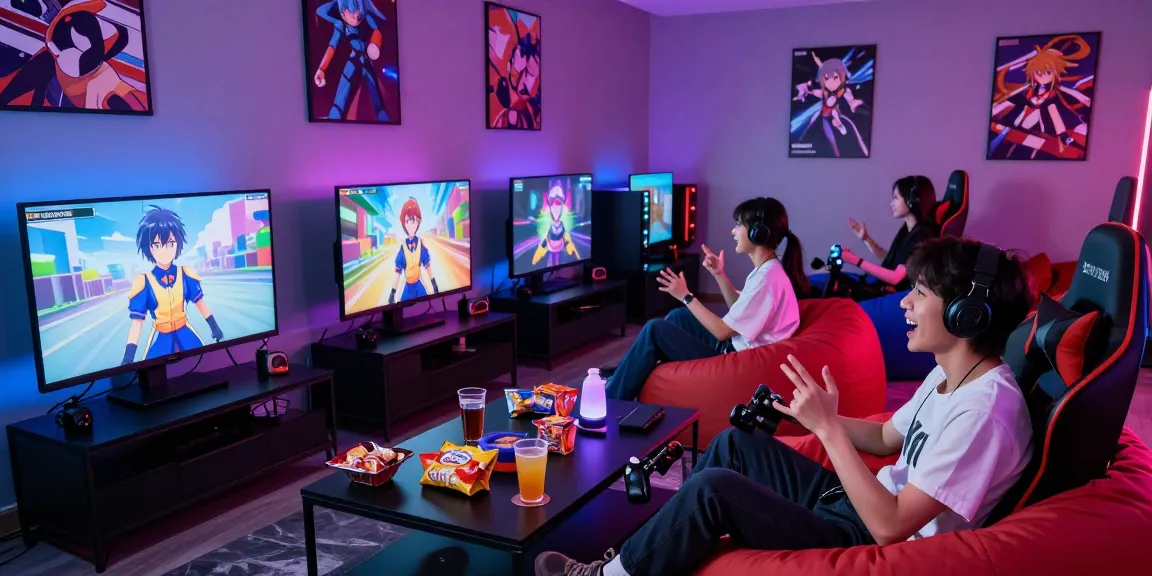 Exciting group of friends immersed in an ecchi game session in a modern gaming room.