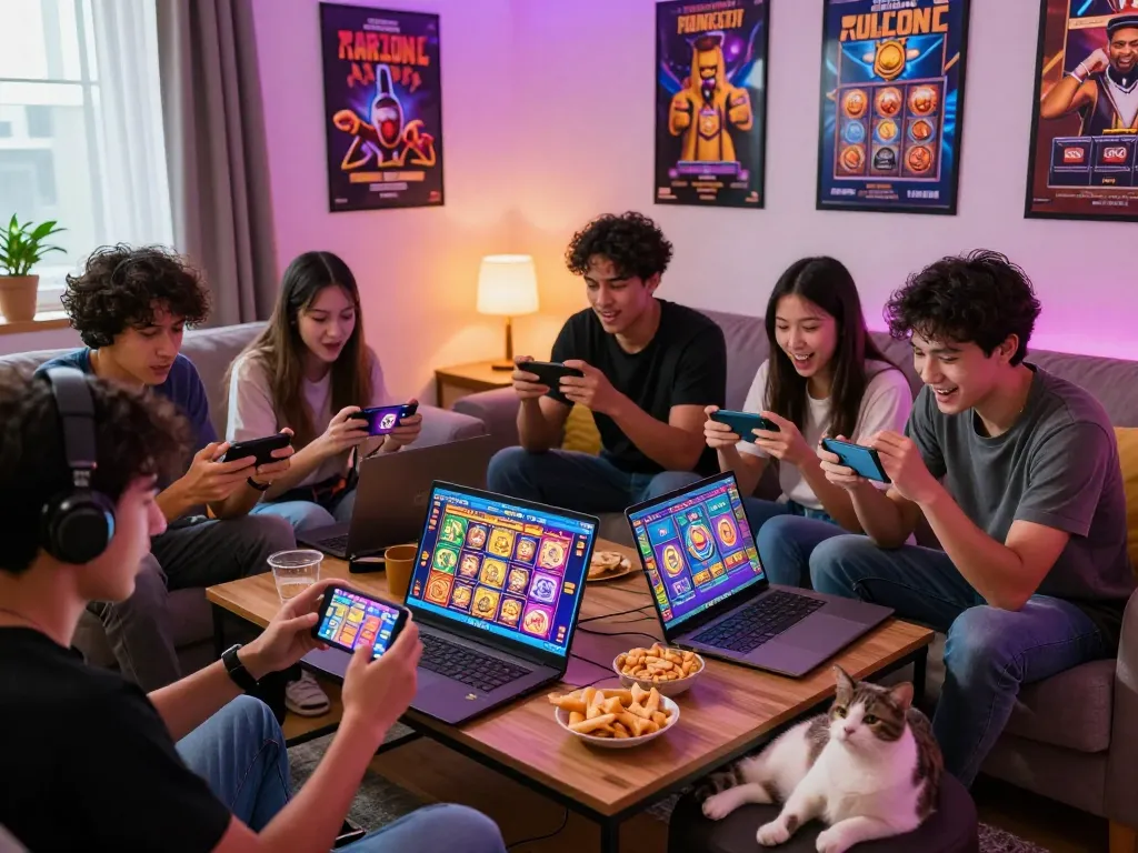 Kumpulan teman yang terlibat menikmati permainan situs slot gacor di laptop dan smartphone dalam suasana yang nyaman, dengan grafis permainan yang cerah.