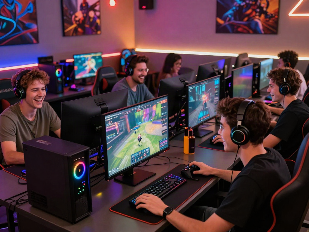 Dynamic gaming atmosphere showcasing friends enjoying akunjp online gaming together.