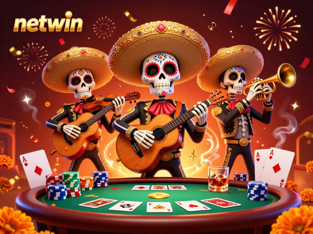 Engage with netwin's vibrant mariachi band illustration amidst an exciting poker backdrop.