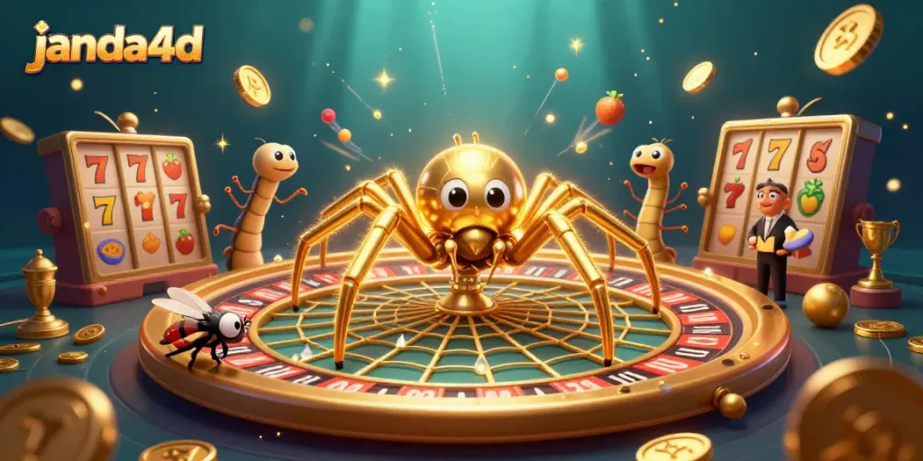 Ilustrasi kasino janda4d dengan karakter laba-laba emas dan elemen slot yang memukau.