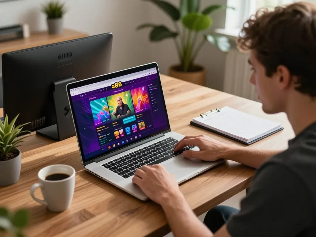 Engaged player strategizing while playing af88 game on a laptop at home, showcasing vibrant gaming interface.