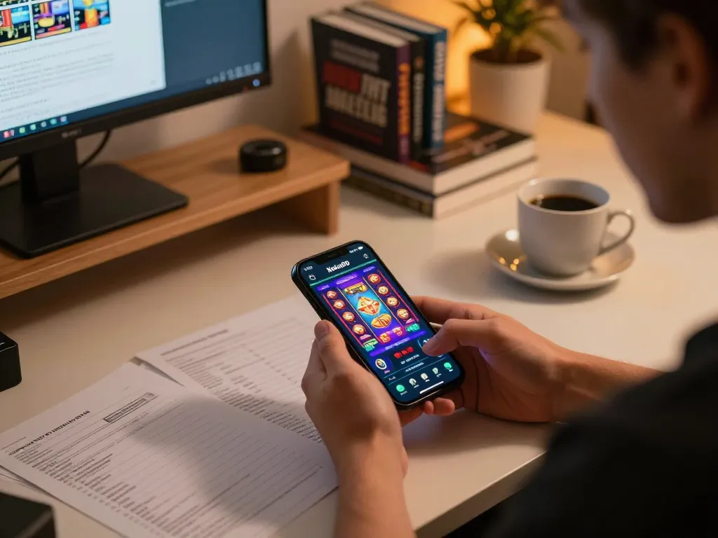 Nohu90 user strategizing with a smartphone app in a cozy gaming setup