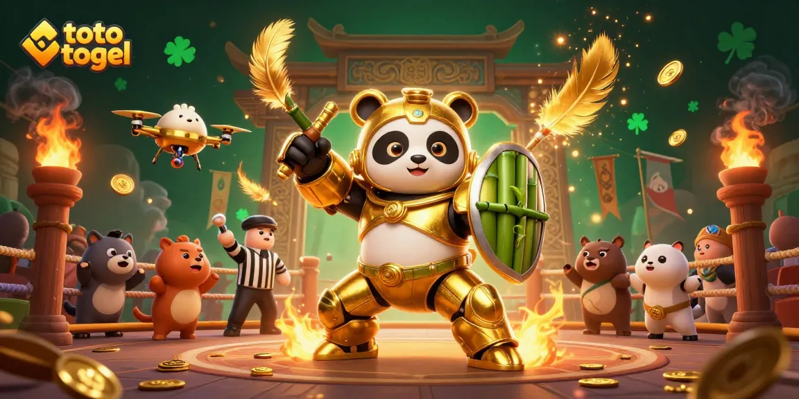 Engage with the vibrant toto togel arena featuring a panda in a mech suit, amidst cheering animal spectators and festive elements.