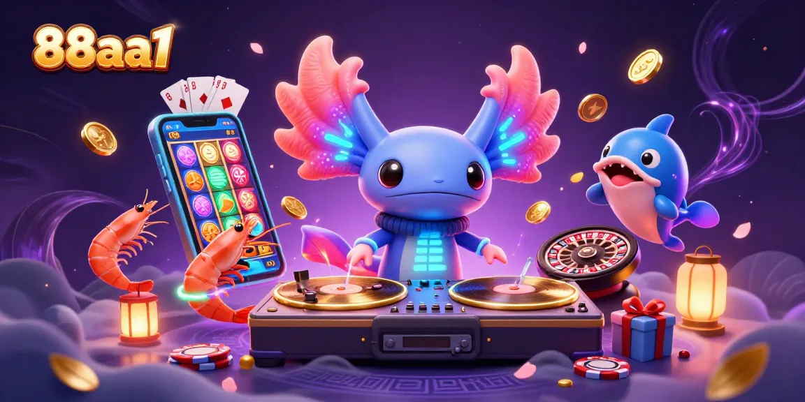 Experience thrilling gameplay with 88aa1's vibrant casino scene featuring an axolotl DJ.