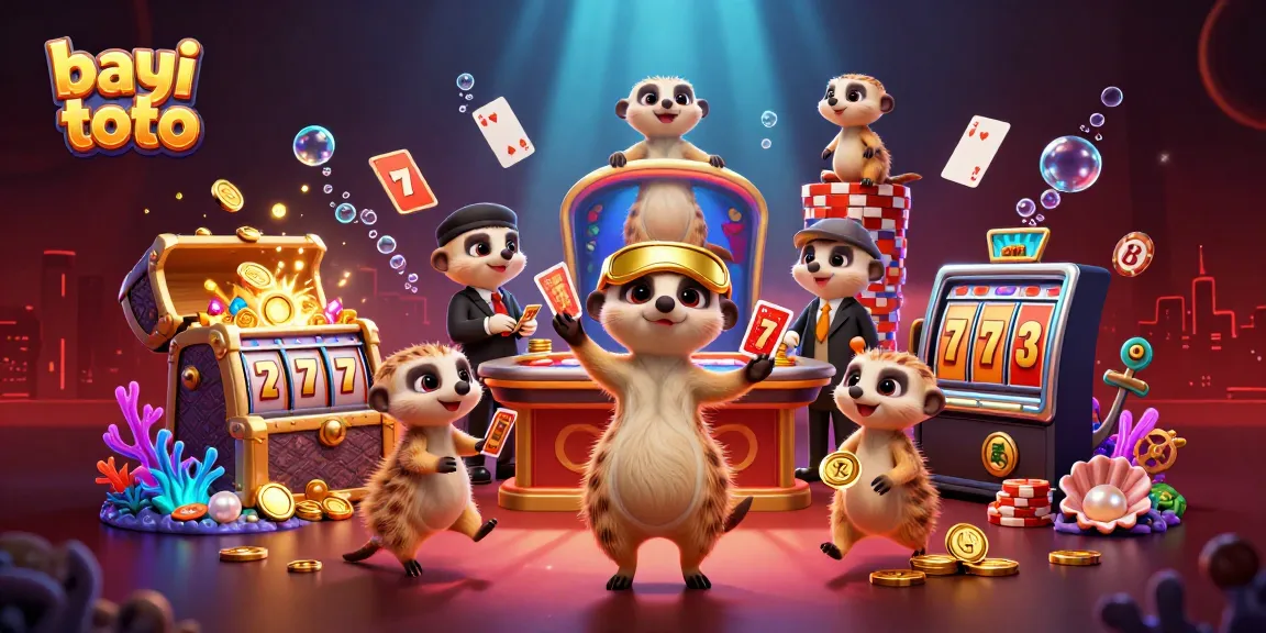 Bayi toto showcases an exciting casino scene with playful meerkats engaged in thrilling gameplay, including slot reels and jackpots.