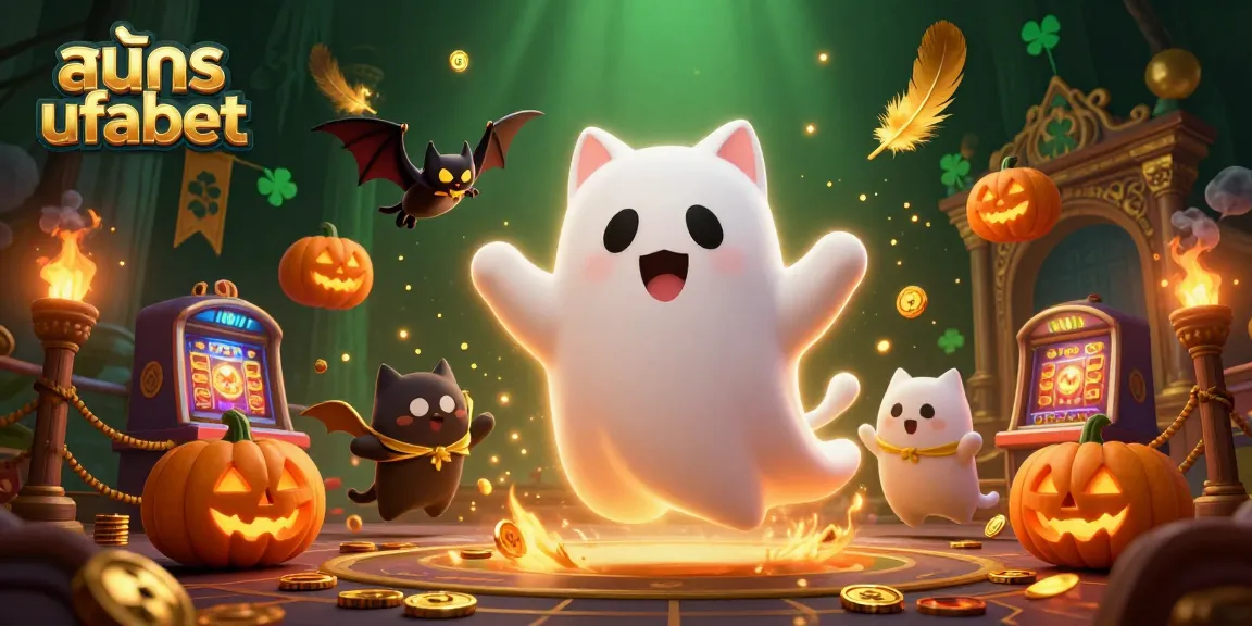 Join the excitement of สมัคร ufabet with this vibrant 3D casino scene featuring a ghost cat and bat companion.