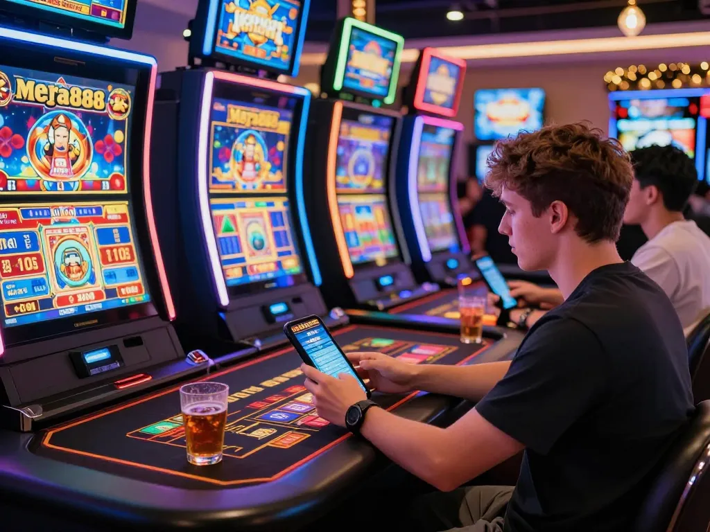 Player enjoying free credit mega888 at a vibrant online casino, surrounded by colorful games and a lively atmosphere.