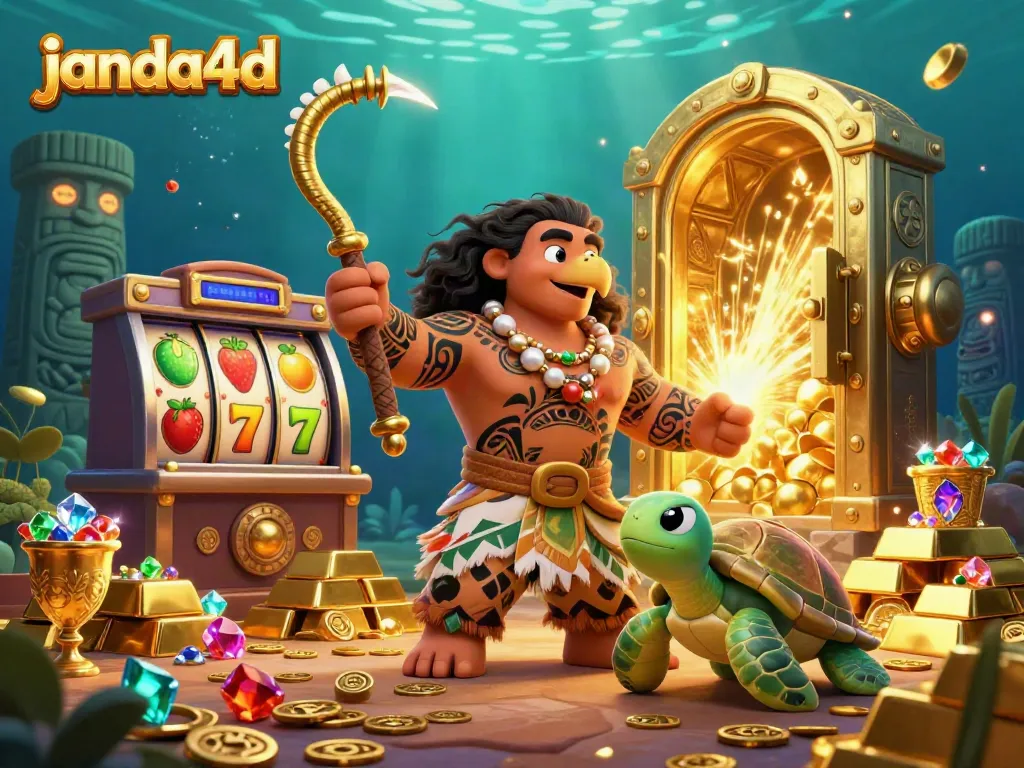 Ilustrasi menarik janda4d dengan dewa Maui dan kura-kura, seputar mesin slot emas.
