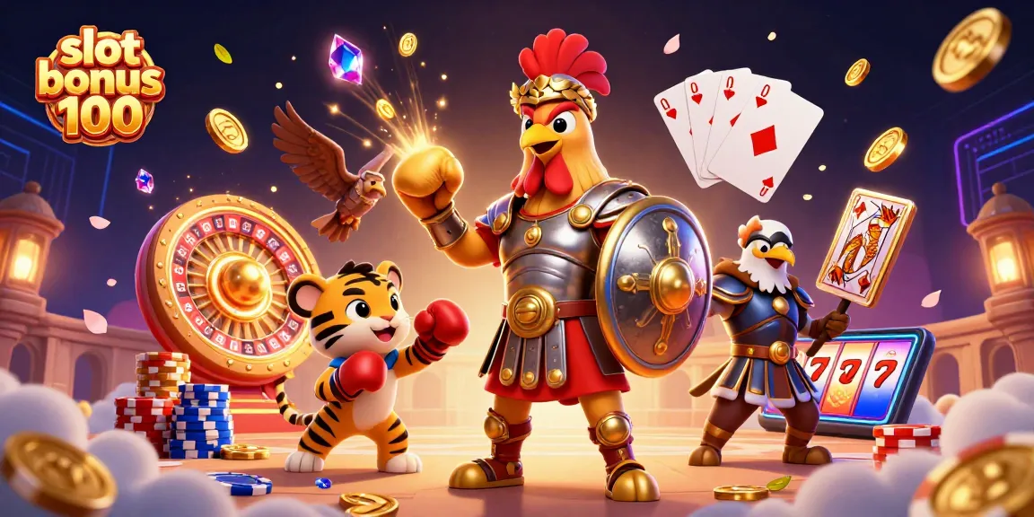 Experience slot bonus 100 excitement in this vibrant 3D casino scene with dynamic characters and game elements.