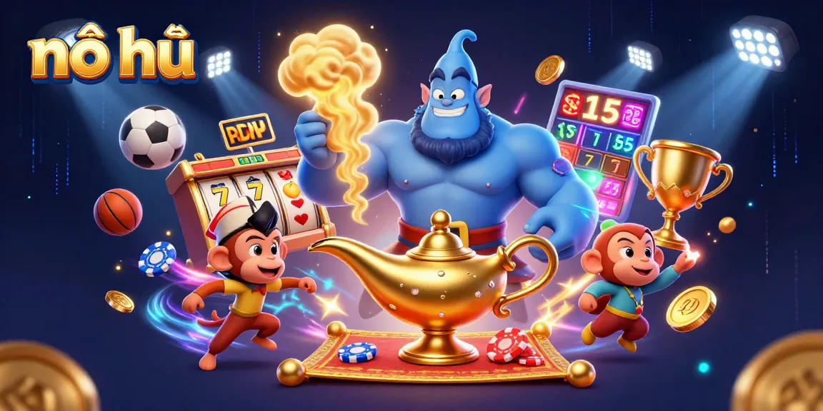 Experience nổ hũ thrills with a dynamic 3D casino scene featuring a genie and slot elements.