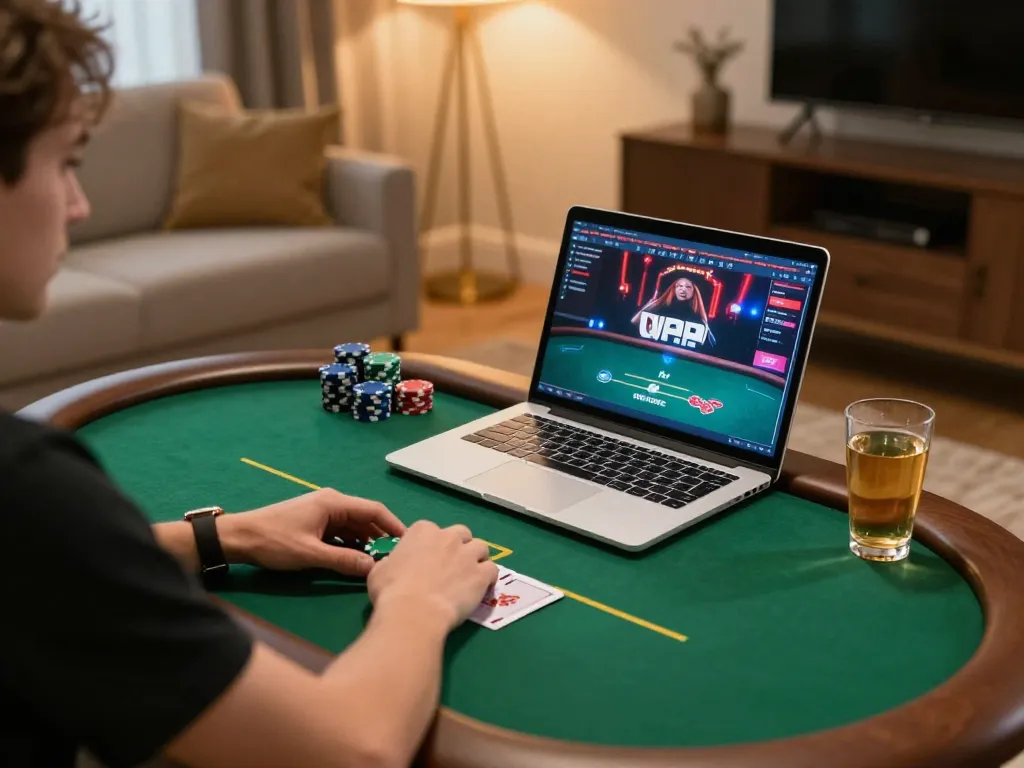 Player immersed in online poker on fly88mb, vibrant home scene with cards and chips.