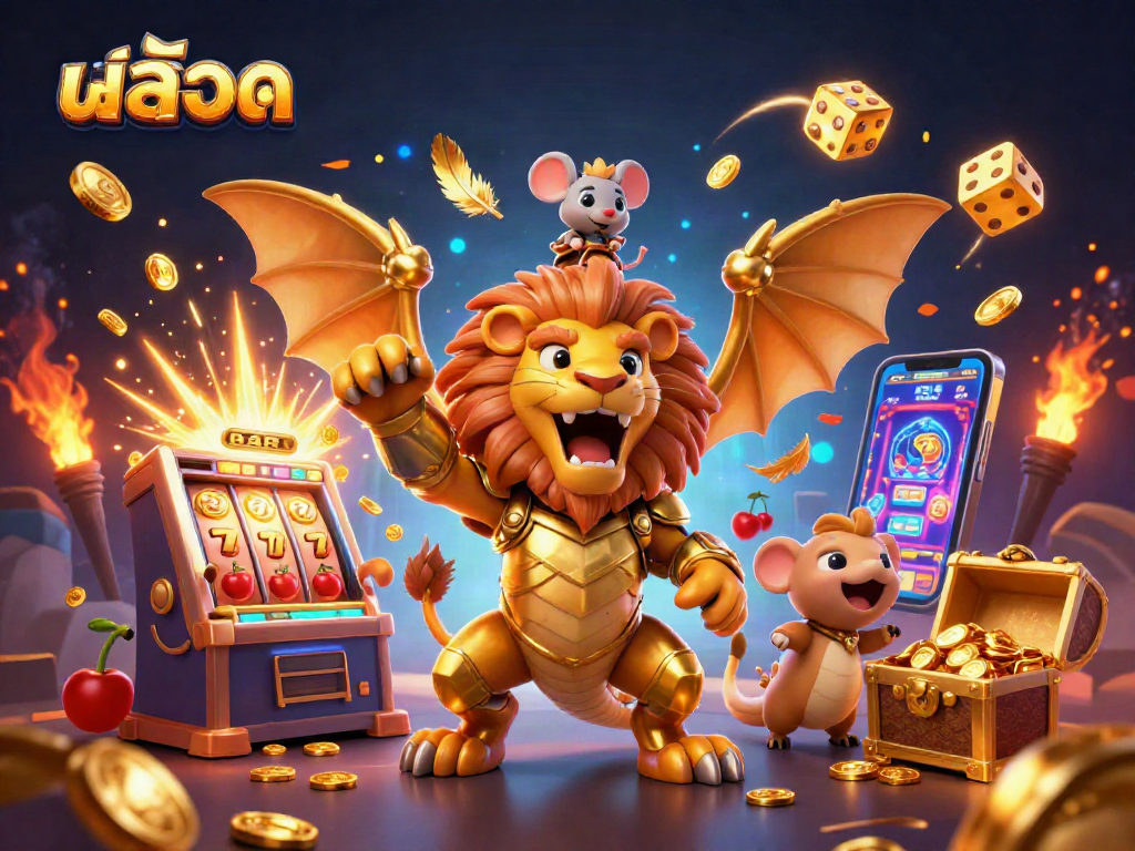 Play สล็อต with a vibrant and dynamic 3D illustration showcasing a roaring chimera, exploding slot machines, and gold coins.