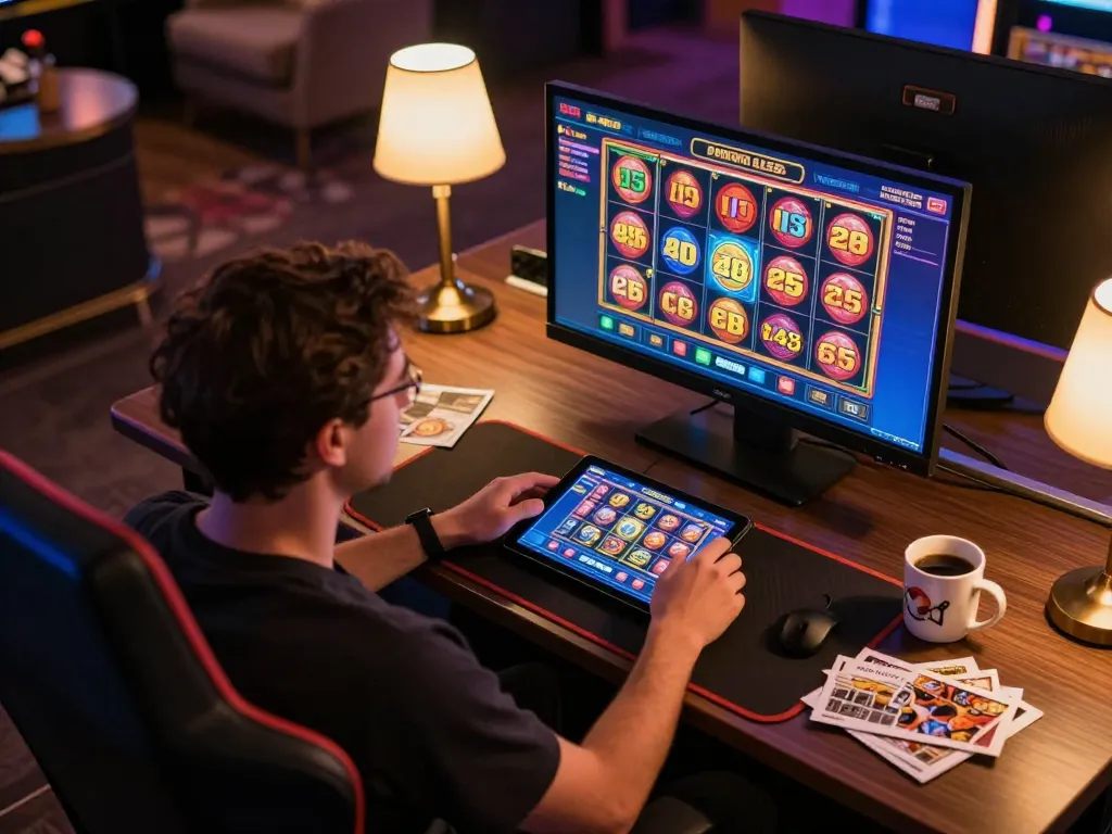Pemain terlibat dalam permainan slot di tablet dengan gulungan berwarna-warni berputar di pengaturan permainan rumah yang nyaman