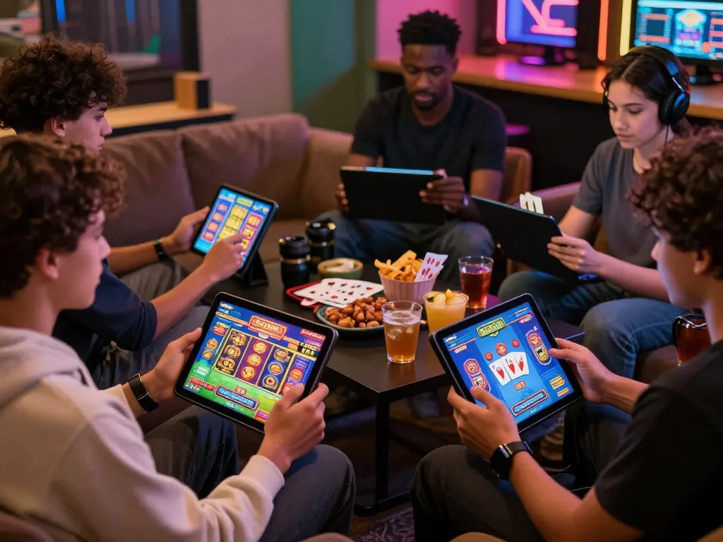 Hitclub players enjoying a lively gaming experience on mobile devices in a vibrant lounge setting
