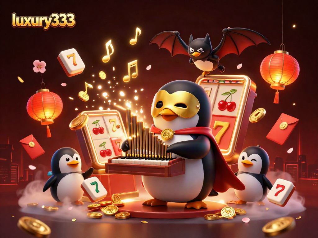 luxury333 menyajikan ilustrasi kasino yang menarik dengan penguin dan elemen keberuntungan seperti slot dan koin emas
