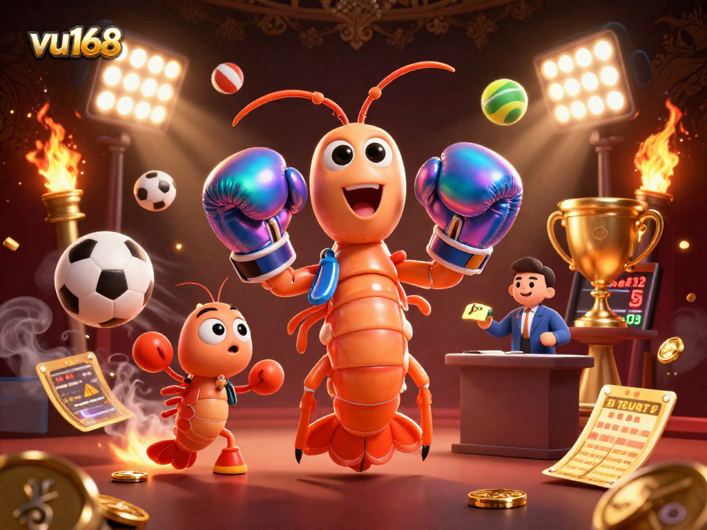 Vu168 showcases a vibrant 3D scene featuring dynamic sports-themed elements with a mantis shrimp and friends.