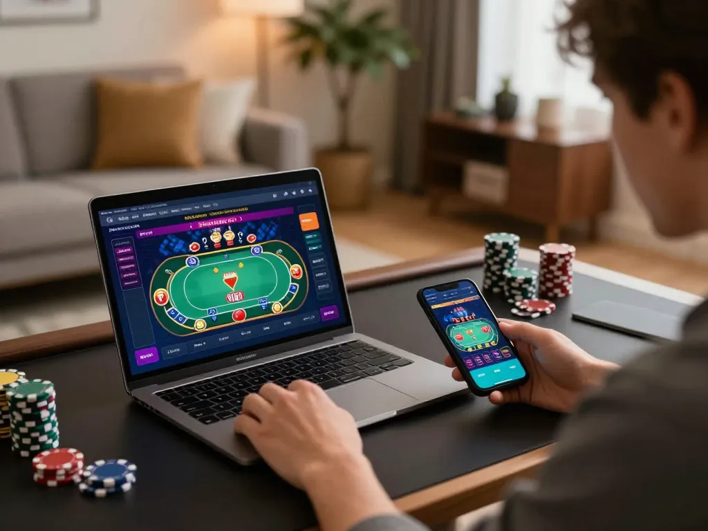 MAY88 features engaging online poker gameplay with a player using a laptop in a cozy setting