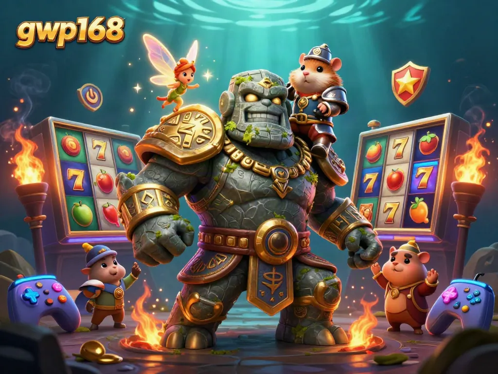 Permainan slot yang berkilau dan bersemangat dari gwp168 ditampilkan bersama karakter animasi berwarna-warni.