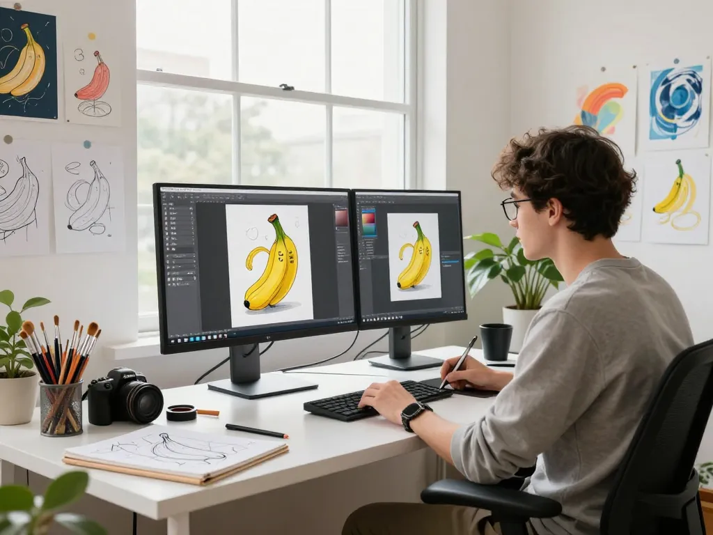Designer utilizing the nano banana AI image editor in a vibrant digital workspace, surrounded by sketches and inspiration.