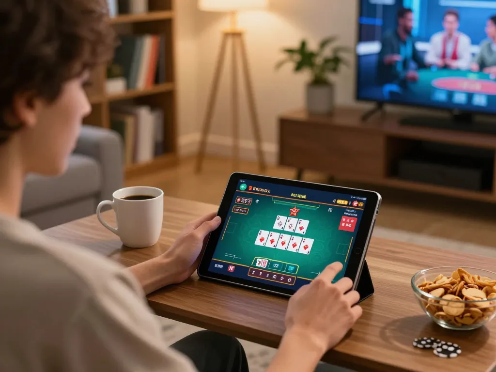 Engaging online gaming scene with Jun88 on tablet, showcasing poker gameplay