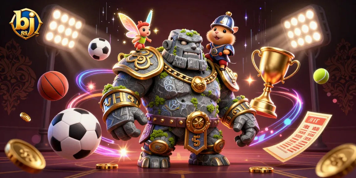 Experience thrilling action at bj 88 with a dynamic casino scene featuring a golem, fairy, and hamster knight.