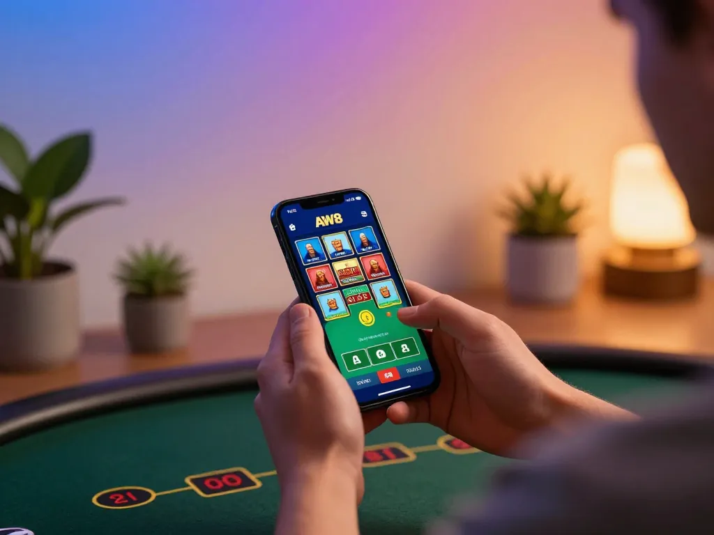 Player engaging with the AW8 casino app on smartphone, enhancing online gambling experience.