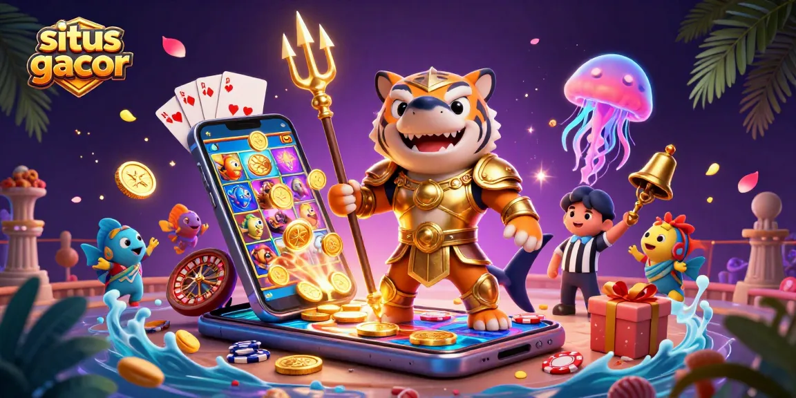 Experience situs gacor in a vibrant underwater casino scene with a tiger shark and slot games.
