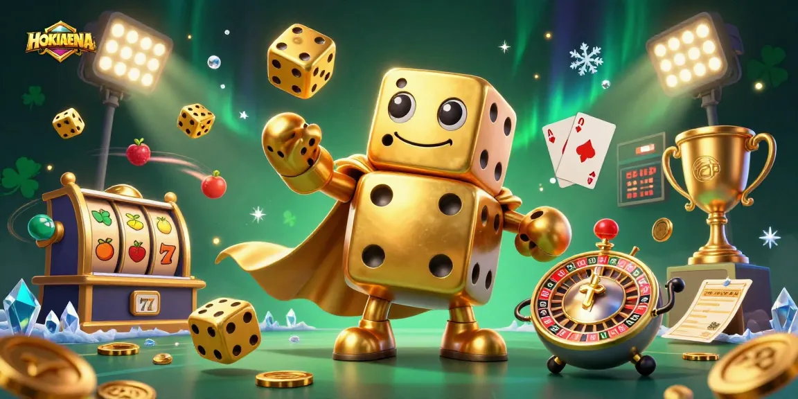 Menggali keseruan HOKIARENA dengan simbol slot, dadu emas, dan trofi besar dalam ilustrasi 3D yang memikat.