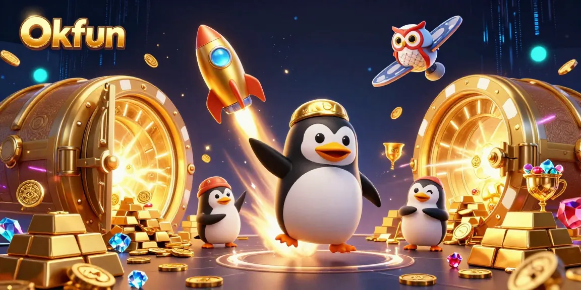Engage with Okfun as a golden penguin accelerates towards a casino space station glittering with treasure.