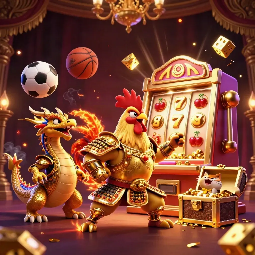 Rooster samurai, dragon hatchling and fortune cat amid casino jackpots and flying sports balls.