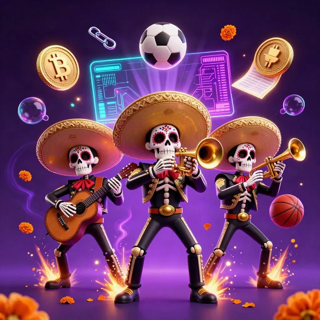 Skeleton mariachi trio with neon coins, balls, and casino effects in a purple arena