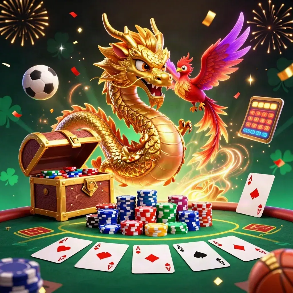 Golden dragon, phoenix and koi amid casino chips, cards, balls and neon lights