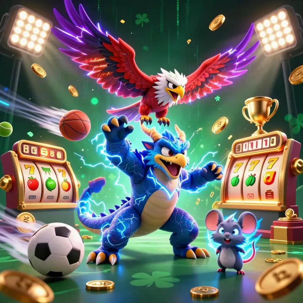 Thunder dragon, wind hawk, and static mouse amid casino lightning, coins, trophy, and neon beams.